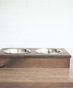 wooden pet feeder with stainless steel bowls, raised dog food stand