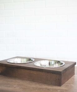 wooden pet feeder with stainless steel bowls, raised dog food stand