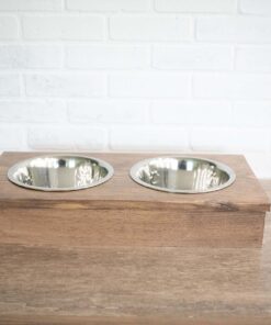 wooden pet feeder with stainless steel bowls, raised dog food stand