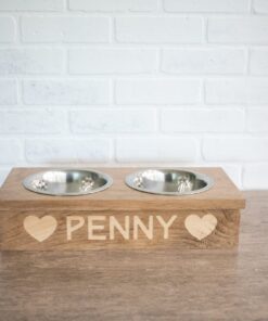 wooden pet feeder with stainless steel bowls, raised dog food stand
