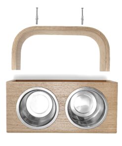 hanging wooden dog feeder, mounted pet feeding station, shepherd food stand