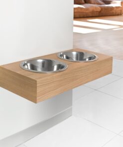 hanging wooden dog feeder, mounted pet feeding station, shepherd food stand