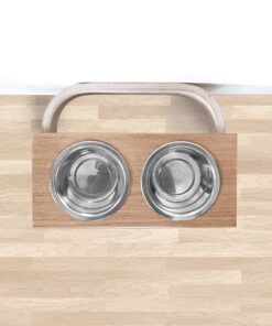 hanging wooden dog feeder, mounted pet feeding station, shepherd food stand