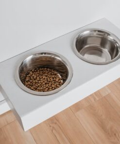 hanging wooden dog feeder, mounted pet feeding station, shepherd food stand