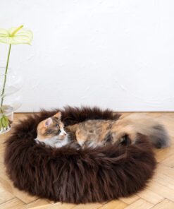 round natural sheepskin pet bed brown