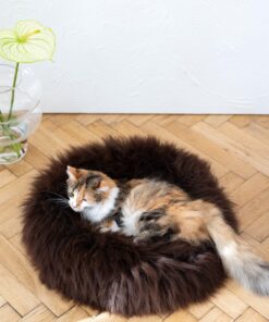 round natural sheepskin pet bed brown