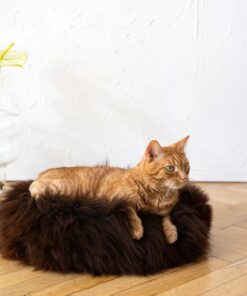 round natural sheepskin pet bed brown