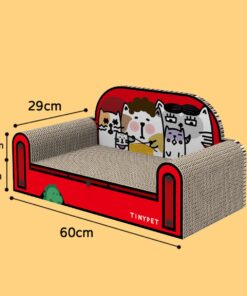 one family red small sofa cat scratching board