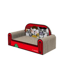 one family red small sofa cat scratching board