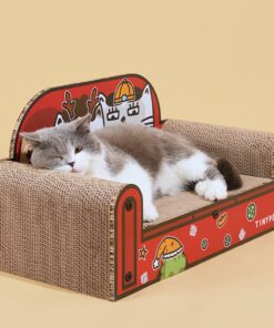 one family red small sofa cat scratching board